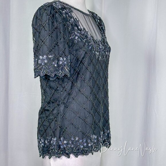 Stenay Vintage 80'S Floral Sequin Beaded Mesh Trim Blouse Black - Picture 6 of 14